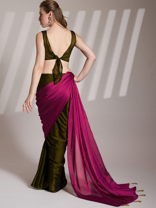 Pink And Green Satin Colorblocked Saree With Blouse Piece