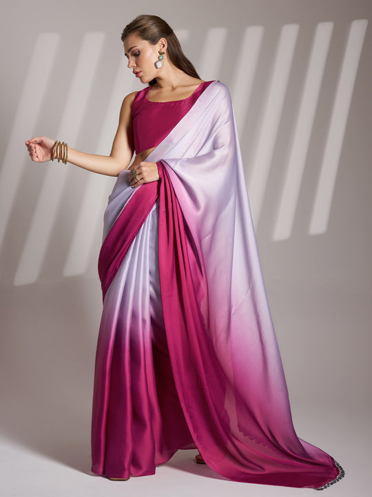 Pink And Off White Chinon Printed Saree With Blouse Piece