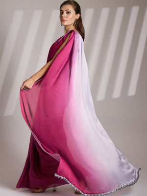 Pink And Off White Chinon Printed Saree With Blouse Piece