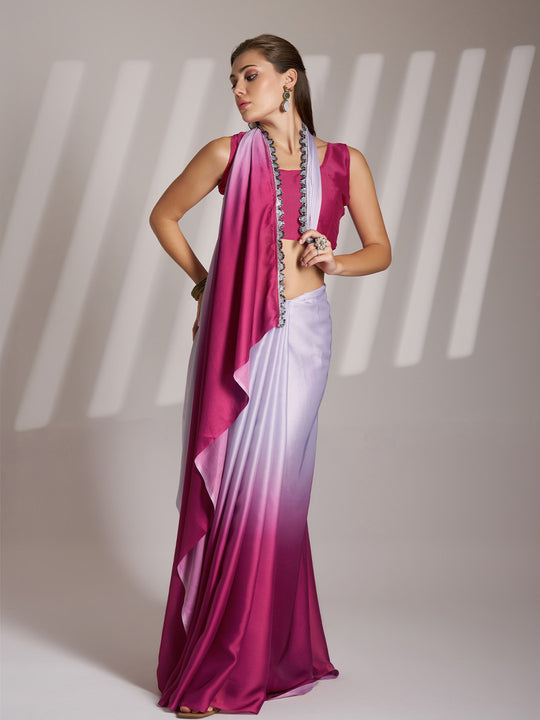 Pink And Off White Chinon Printed Saree With Blouse Piece