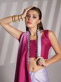 Pink And Off White Chinon Printed Saree With Blouse Piece