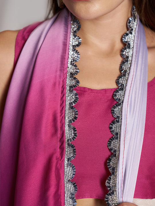 Pink And Off White Chinon Printed Saree With Blouse Piece