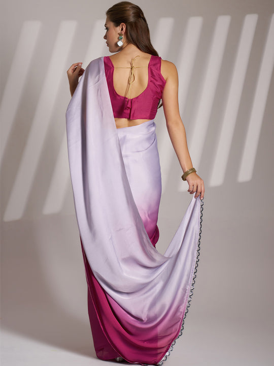 Pink And Off White Chinon Printed Saree With Blouse Piece