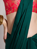 Green Satin Solid Saree With Blouse Piece
