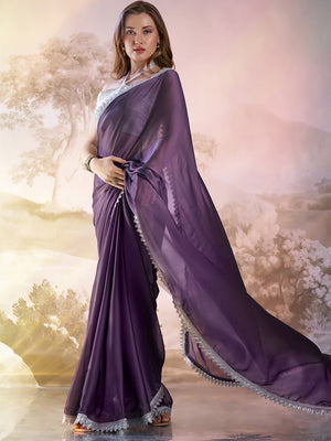 Purple Satin Solid Saree With Blouse Piece