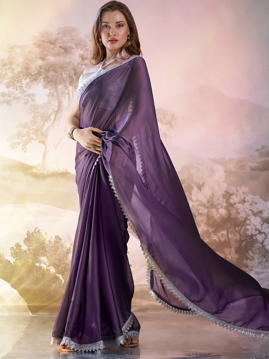Purple Satin Solid Saree With Blouse Piece