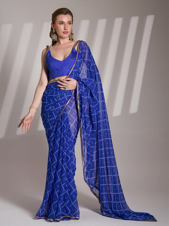 Blue Georgette Printed Saree With Blouse Piece