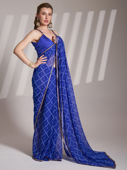 Blue Georgette Printed Saree With Blouse Piece