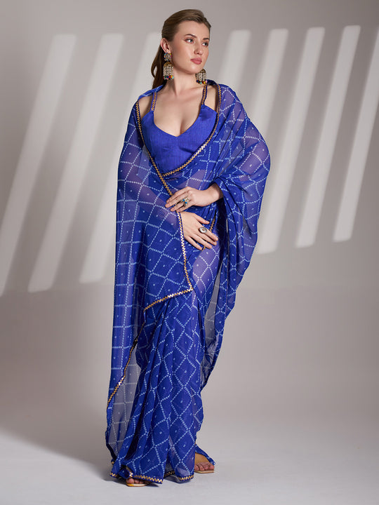 Blue Georgette Printed Saree With Blouse Piece