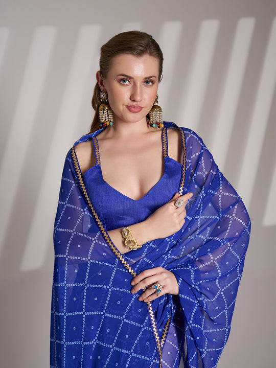 Blue Georgette Printed Saree With Blouse Piece