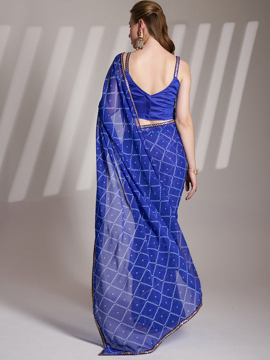 Blue Georgette Printed Saree With Blouse Piece