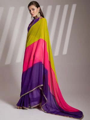 Multicolor Georgette Colorblocked Saree With Blouse Piece