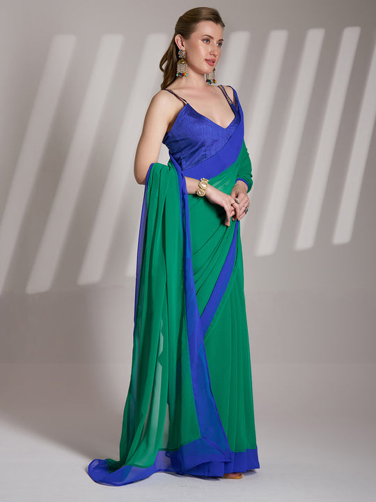 Green And Blue Georgette Colorblocked Saree With Blouse Piece