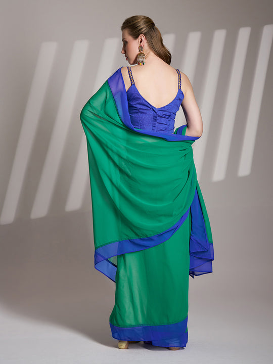 Green And Blue Georgette Colorblocked Saree With Blouse Piece