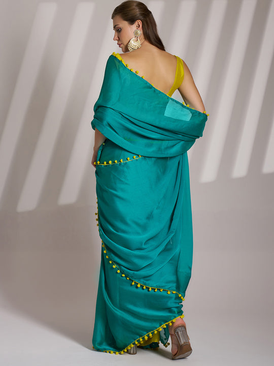 Sea Green And Yellow Chiffon Solid Saree With Blouse Piece