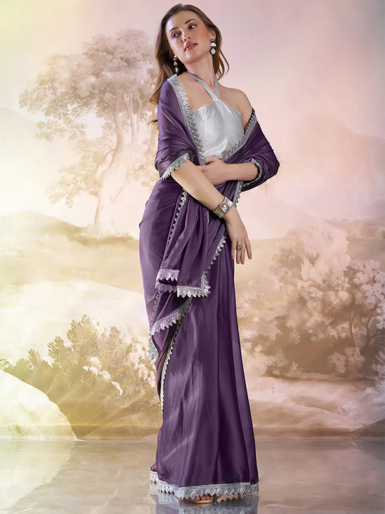 Purple Satin Solid Saree With Blouse Piece