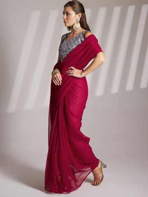 Hot Pink Shimmer Solid Saree With Blouse Piece