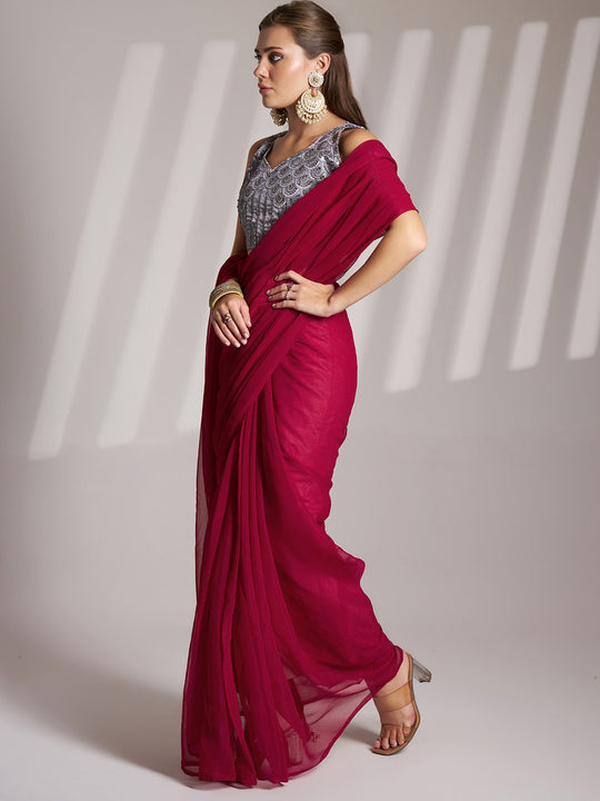 Hot Pink Shimmer Solid Saree With Blouse Piece