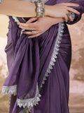 Purple Satin Solid Saree With Blouse Piece