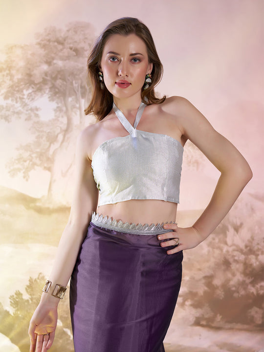 Purple Satin Solid Saree With Blouse Piece