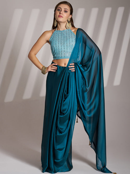 Teal Blue Satin Solid Saree With Blouse Piece