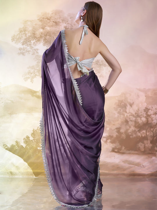 Purple Satin Solid Saree With Blouse Piece