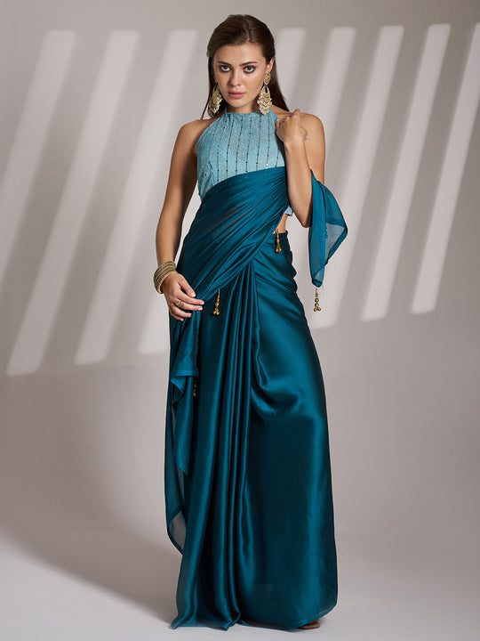Teal Blue Satin Solid Saree With Blouse Piece