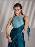 Teal Blue Satin Solid Saree With Blouse Piece