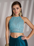 Teal Blue Satin Solid Saree With Blouse Piece