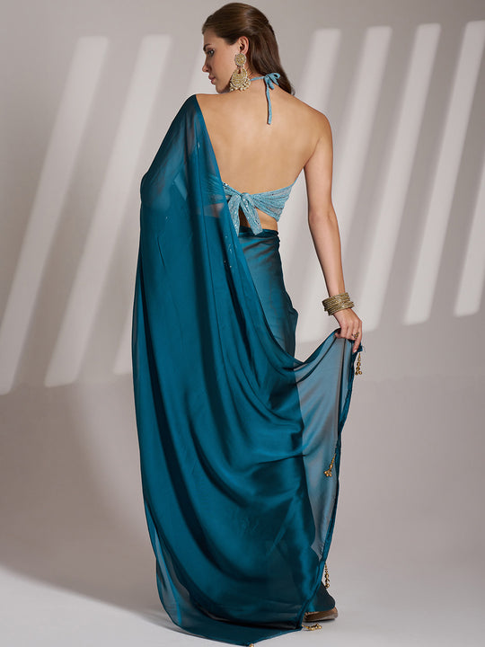 Teal Blue Satin Solid Saree With Blouse Piece
