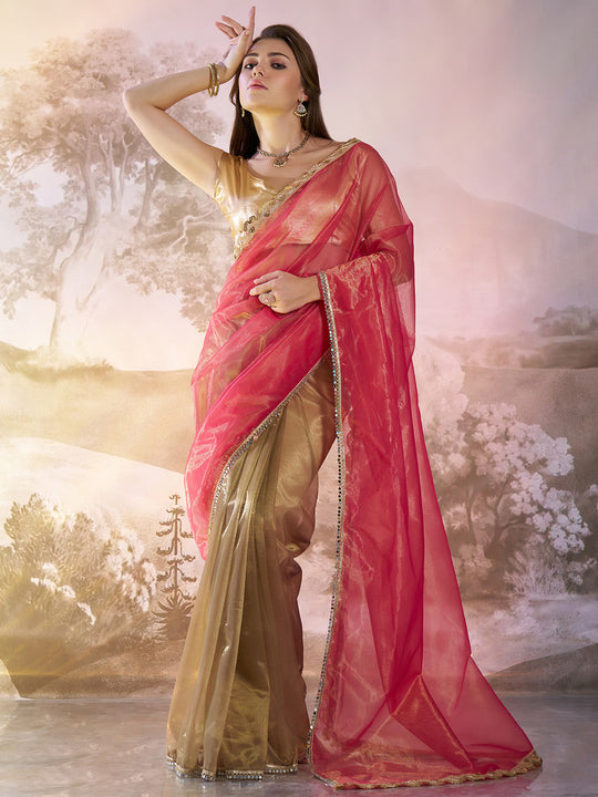 Pink And Green Twill Net Colorblocked Saree With Blouse Piece