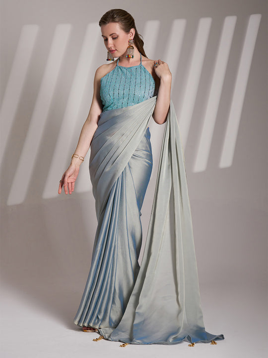 Grey Satin Solid Saree With Blouse Piece