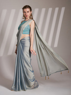 Grey Satin Solid Saree With Blouse Piece