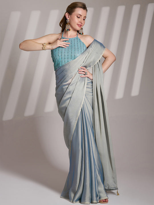 Grey Satin Solid Saree With Blouse Piece