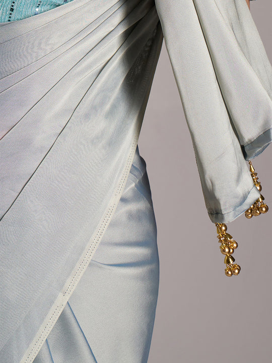 Grey Satin Solid Saree With Blouse Piece