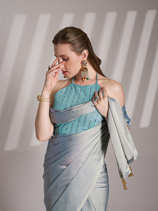 Grey Satin Solid Saree With Blouse Piece