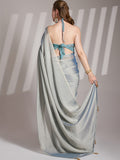 Grey Satin Solid Saree With Blouse Piece