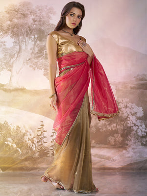 Pink And Green Twill Net Colorblocked Saree With Blouse Piece