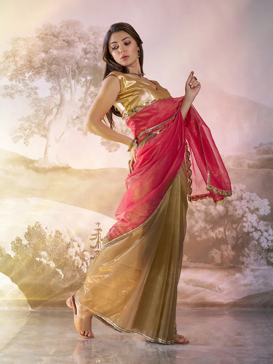 Pink And Green Twill Net Colorblocked Saree With Blouse Piece