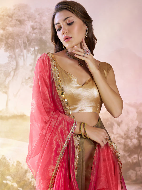 Pink And Green Twill Net Colorblocked Saree With Blouse Piece