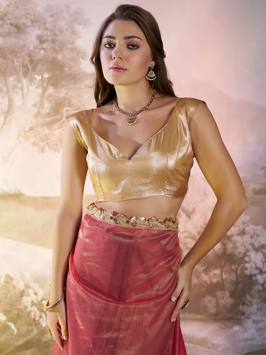 Pink And Green Twill Net Colorblocked Saree With Blouse Piece