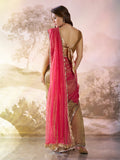 Pink And Green Twill Net Colorblocked Saree With Blouse Piece