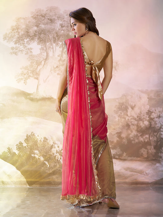 Pink And Green Twill Net Colorblocked Saree With Blouse Piece