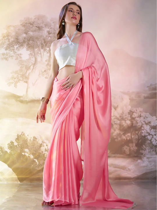 Light Pink Satin Solid Saree With Blouse Piece