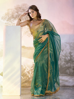 Sea Green Twill Net Solid Saree With Blouse Piece