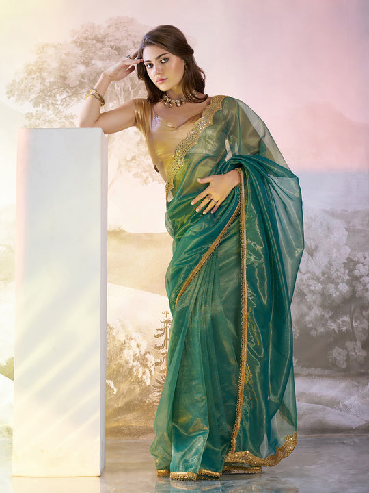 Sea Green Twill Net Solid Saree With Blouse Piece