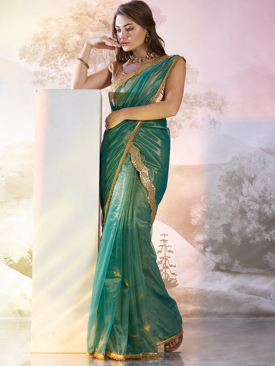 Sea Green Twill Net Solid Saree With Blouse Piece