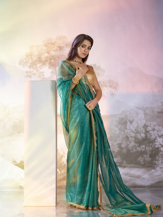 Sea Green Twill Net Solid Saree With Blouse Piece