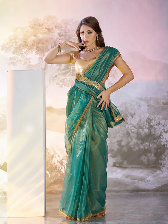 Sea Green Twill Net Solid Saree With Blouse Piece