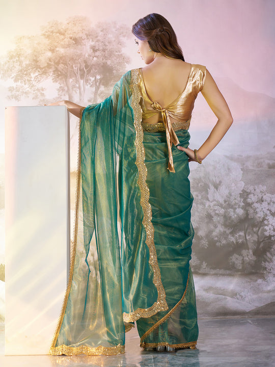 Sea Green Twill Net Solid Saree With Blouse Piece